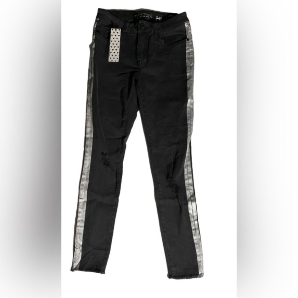 Noisy May Lucy Super Slim Skinny Leg Black Denim/Silver Stripes Size 28 NWT